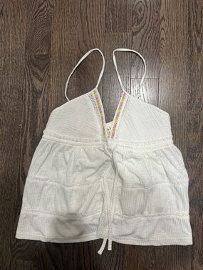 POL White Spaghetti Strap Tiered Tank with Embroidered Trim
